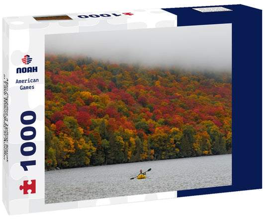 Noah Jigsaw Puzzle Man Paddles a Yellow Kayak Early Morning Moody Fog in Lake Willoughby in Autumn, Vermont 1000 pieces