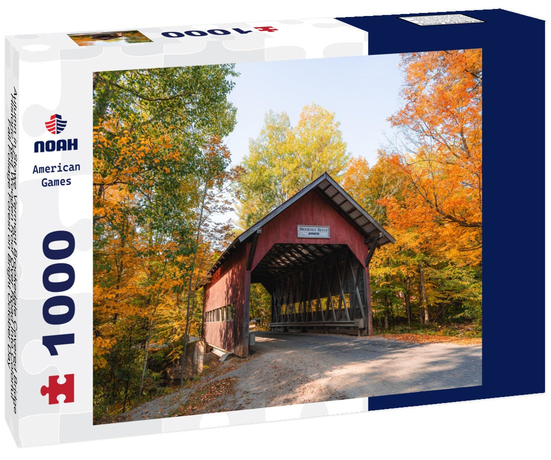 Noah Jigsaw Puzzle Autumn in Stowe Vermont Brookedale Covered Bridge Historic Red Wooden Roof Over Road Into Colorful Fall Foliage Forest on Bright October Day 1000 pieces