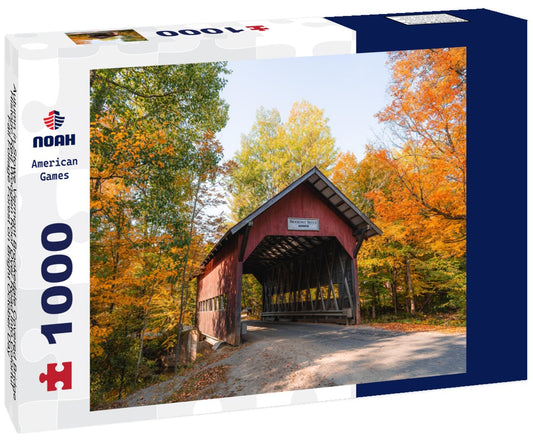 Noah Jigsaw Puzzle Autumn in Stowe Vermont Brookedale Covered Bridge Historic Red Wooden Roof Over Road Into Colorful Fall Foliage Forest on Bright October Day 1000 pieces