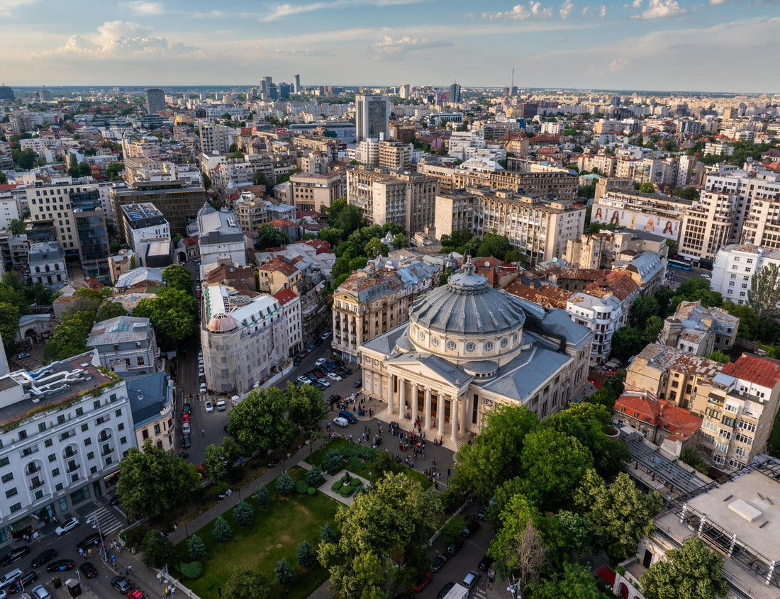 Romanian Atheneum in Bucharest during a summer sunset. Aerial view of this amazing landmark historical building from Bucharest, Romania, on Victoriei Avenue (Calea Victoriei) 1000pc Puzzle