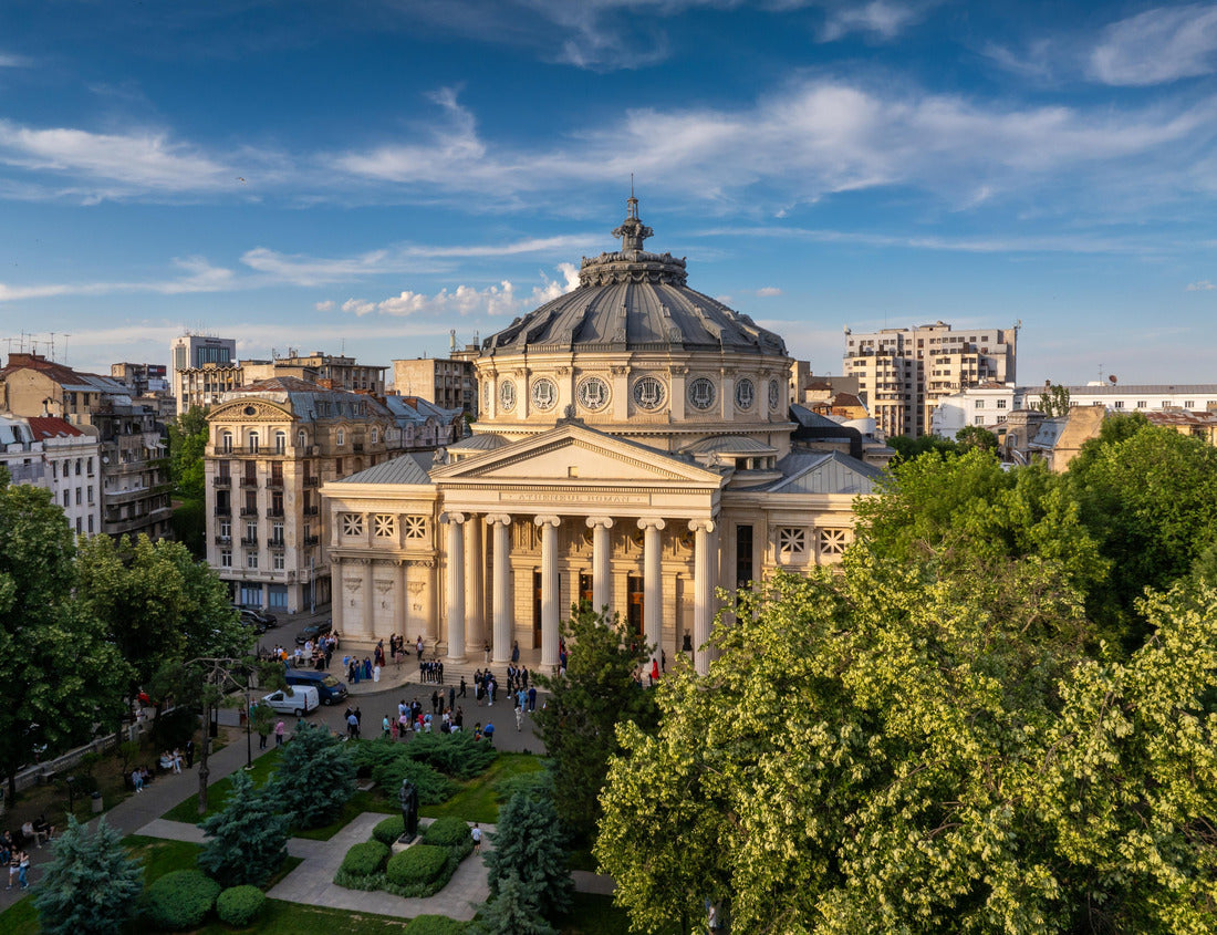 Romanian Atheneum in Bucharest during a summer sunset. Aerial view of this amazing landmark historical building from Bucharest, Romania, on Victoriei Avenue (Calea Victoriei) 1000pc Puzzle
