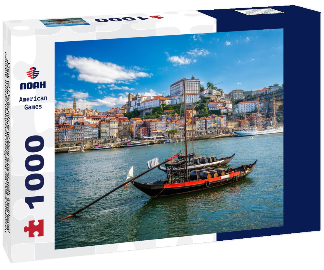 Porto city and Douro river with traditional boats with port wine barrels and sailing ship from famous tourist viewpoint Marginal de Gaia riverfront. Porto, Vila Nova de Gaia, Portugal 1000pc Puzzle