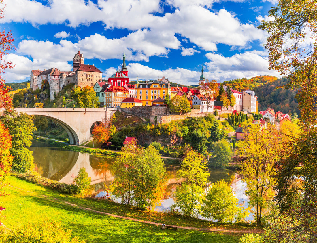 Noah Jigsaw Puzzle Loket, Czech Republic. Picturesque autumn landscape of Bohemia features vibrant orange and golden foliage, a medieval castle atop a hill and winding river 1000 pieces