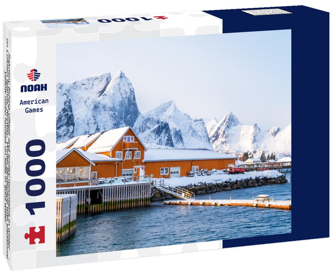 Sakrisoy fishing village and snowy mountains in winter on Lofoten islands, Norway. Winter landscape with traditional yellow rorbu houses on stilts in fjord water 1000pc Puzzle