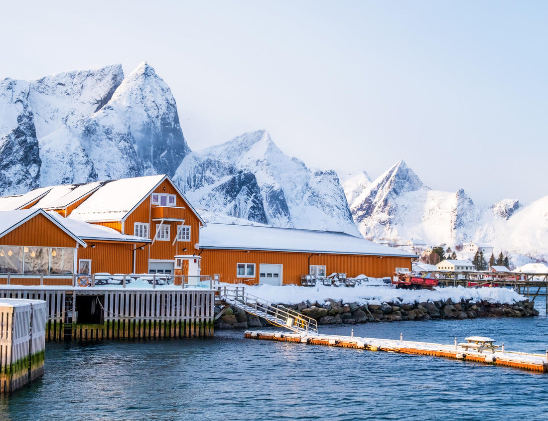 Sakrisoy fishing village and snowy mountains in winter on Lofoten islands, Norway. Winter landscape with traditional yellow rorbu houses on stilts in fjord water 1000pc Puzzle