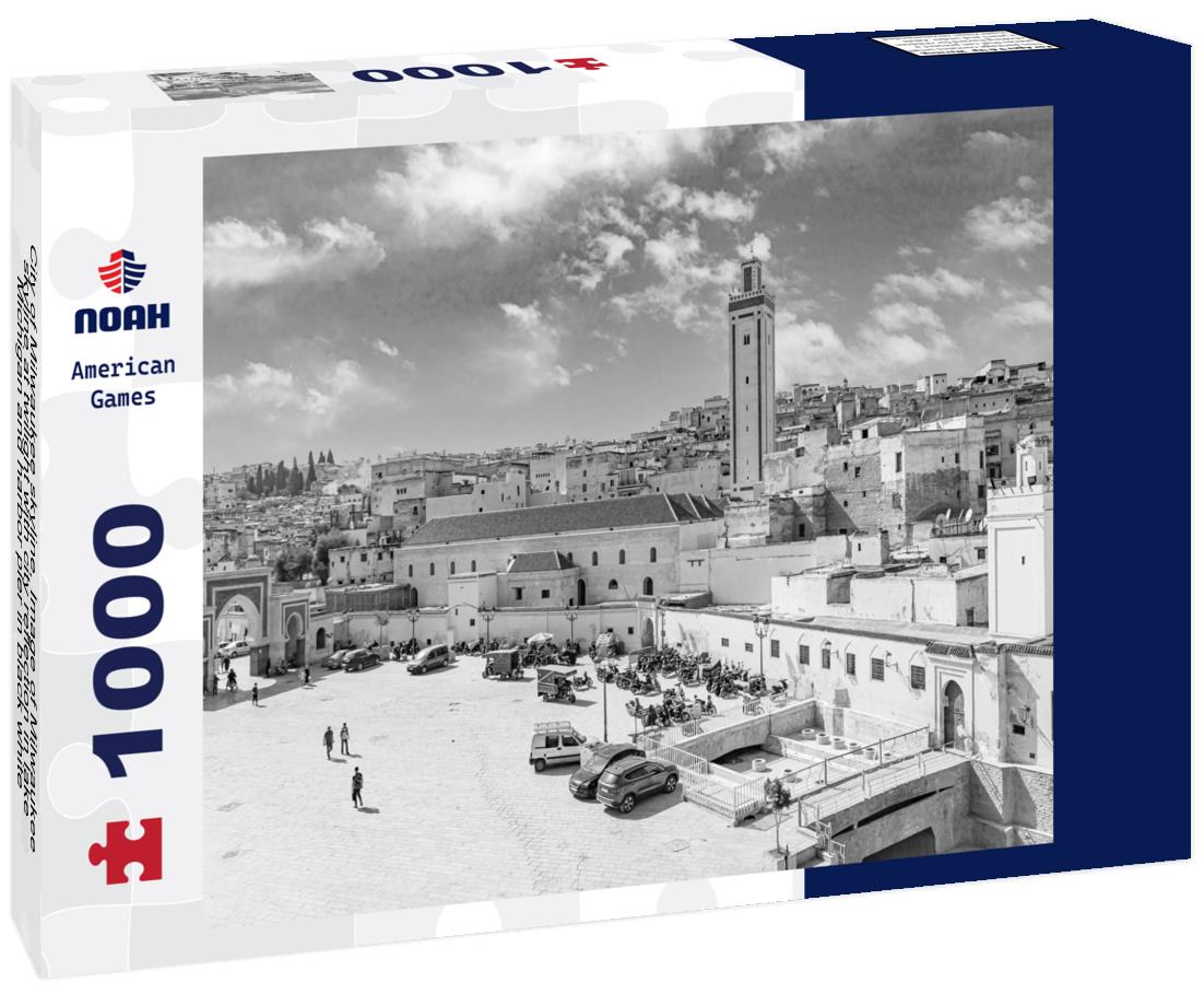 Noah Jigsaw Puzzle City of Milwaukee skyline. Image of Milwaukee skyline at twilight with city reflection in lake Michigan and harbor pier in black white 1000 pieces