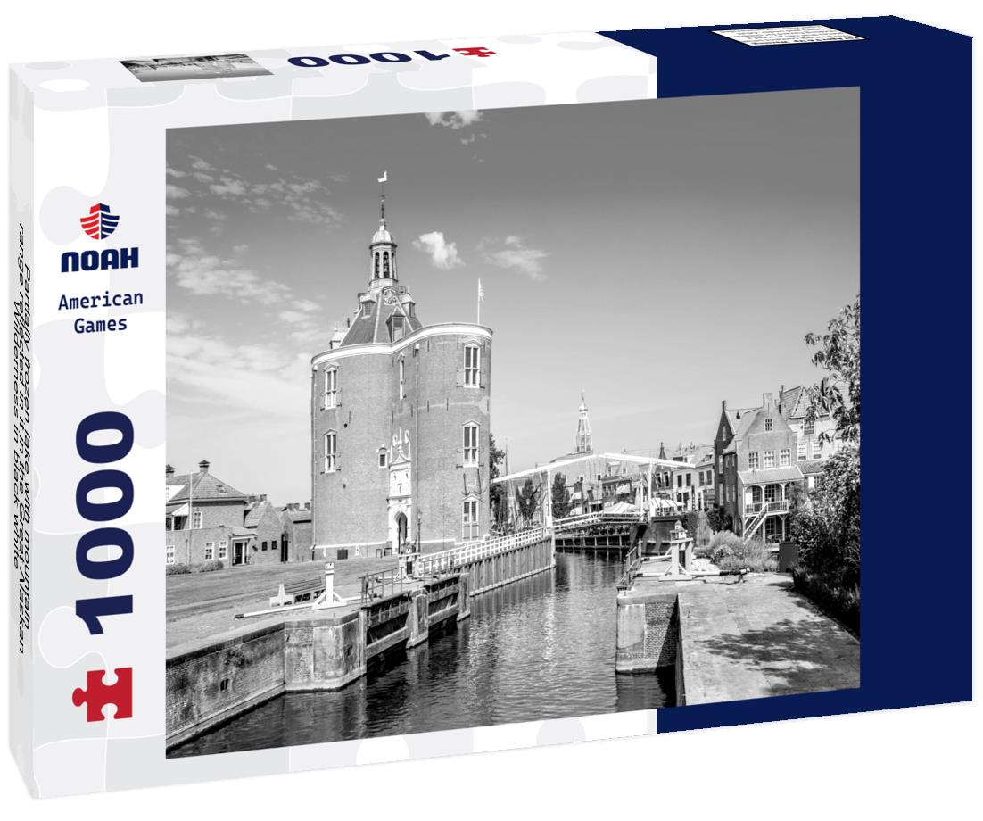 Noah Jigsaw Puzzle Partially frozen lake with mountain range reflected in it in the Great Alaskan Wilderness in black white 1000 pieces