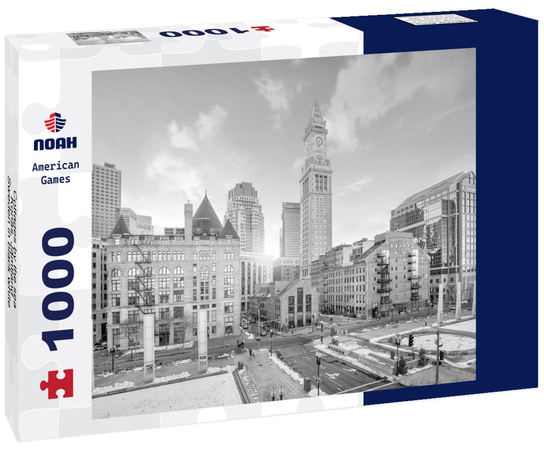 Noah Jigsaw Puzzle Cottages by the sea, Konas, Jamtland, Sweden in black white 1000 pieces