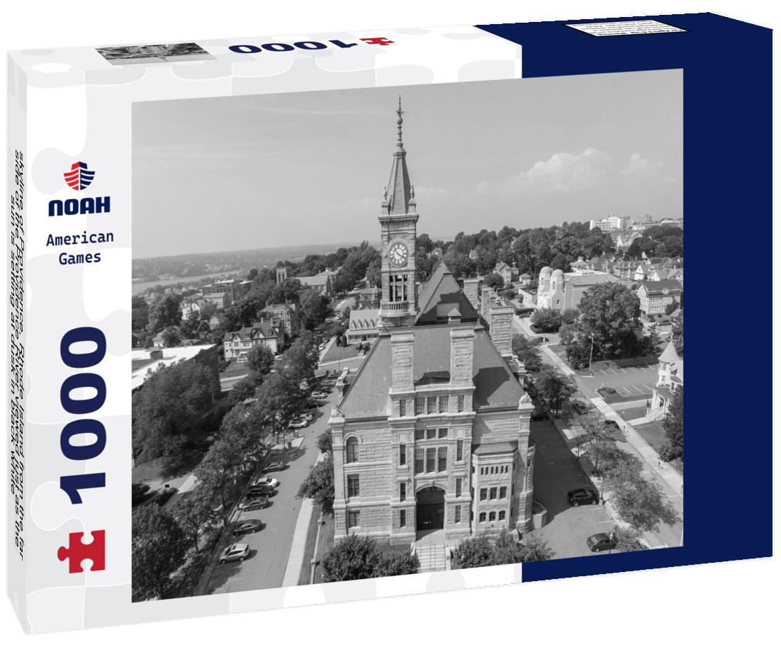 Noah Jigsaw Puzzle skyline of Providence, Rhode Island from the far side of the Providence River viewed just as the sun is setting at dusk in black white 1000 pieces