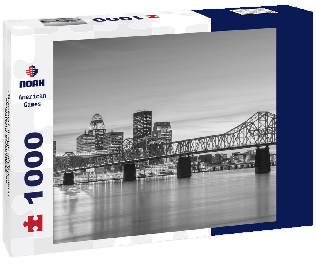 Noah Jigsaw Puzzle Cleveland. Image of Cleveland downtown at twilight blue hour in black white 1000 pieces