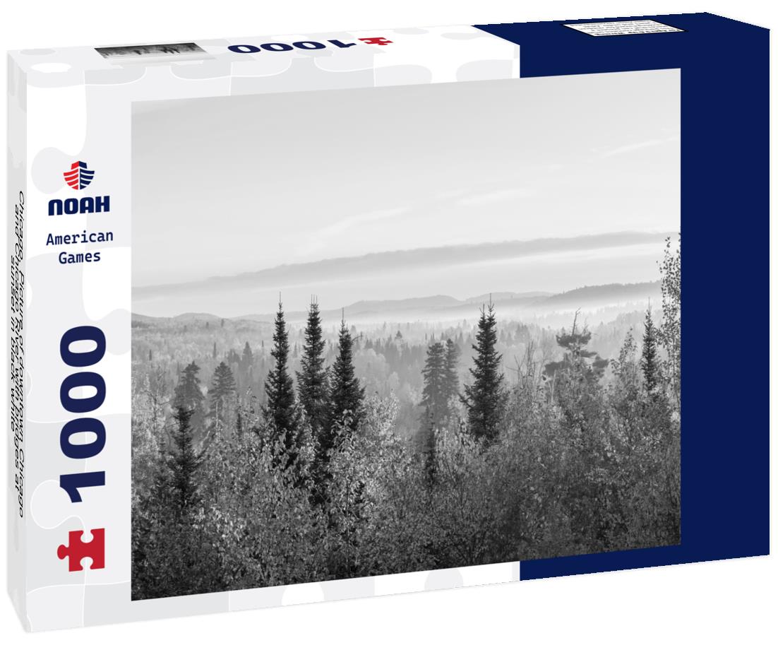 Noah Jigsaw Puzzle Chicago. Picture of downtown Chicago and Chicago River with bridges at sunset in black white 1000 pieces