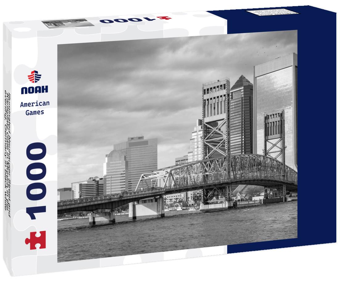 Noah Jigsaw Puzzle Illuminated Neuhauser Street and Karlsplatz Gate in Munich in the evening, Germany in black white 1000 pieces