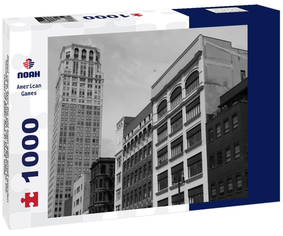 Noah Jigsaw Puzzle Street view from the old town with small wooden houses in the swedish city of Kalmar by the coast of Baltic Sea in black white 1000 pieces