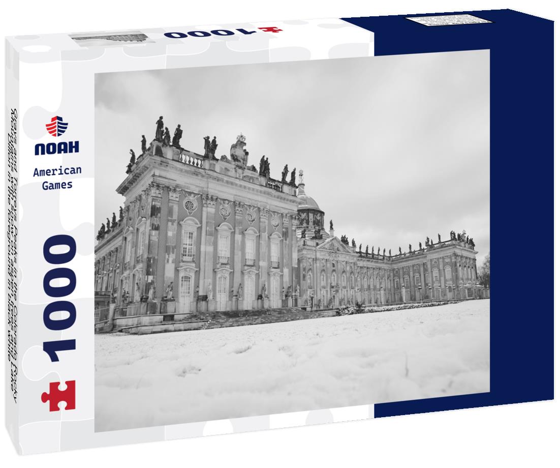 Noah Jigsaw Puzzle Grays and Torreys Peaks in the Colorado Rocky Mountains with snow on aspen trees and Lake Dillon in the foreground in black white 1000 pieces