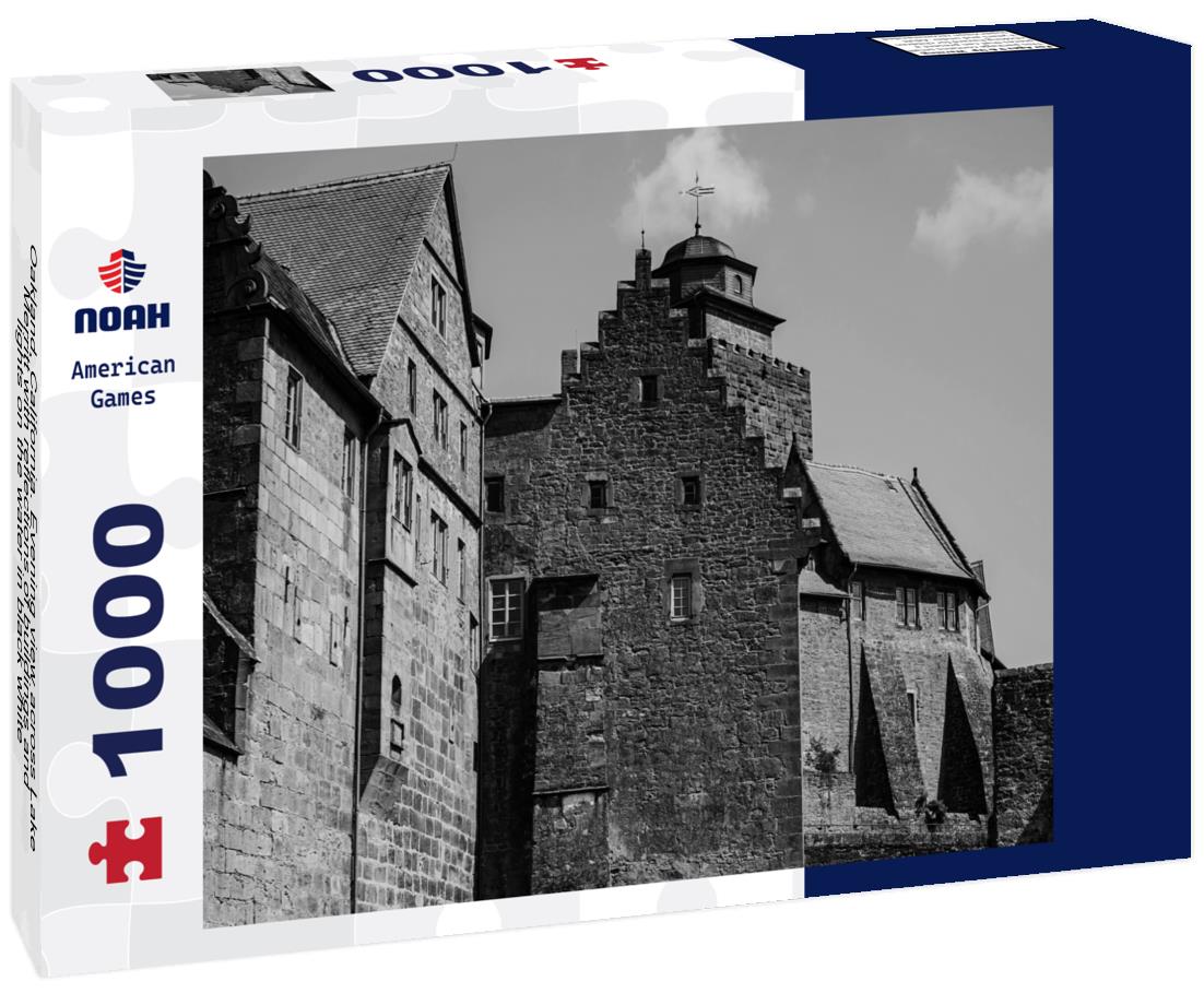 Noah Jigsaw Puzzle Oakland, California. Evening view across Lake Merritt with reflections of buildings and lights on the water in black white 1000 pieces