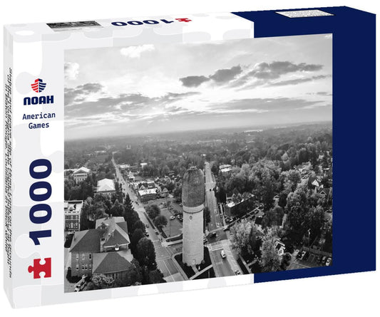 Noah Jigsaw Puzzle Statue and grave site of Huey Long on the grounds of the Louisiana State Capitol building at night in Baton Rouge, Louisiana in black white 1000 pieces