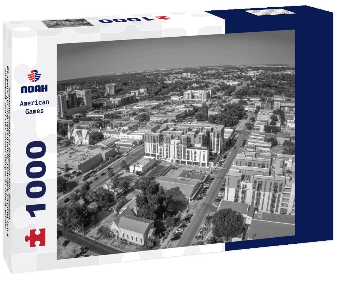 Noah Jigsaw Puzzle Narrow street in Beacon Hill, Boston. Flowers on the windowsill, planters on the brick sidewalk and old street lamps in black white 1000 pieces