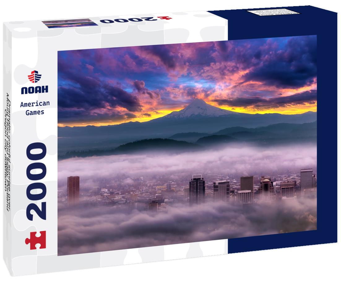 Noah Jigsaw Puzzle Dramatic colorful sunrise over Mount Hood and foggy Portland Oregon city downtown 2000 pieces