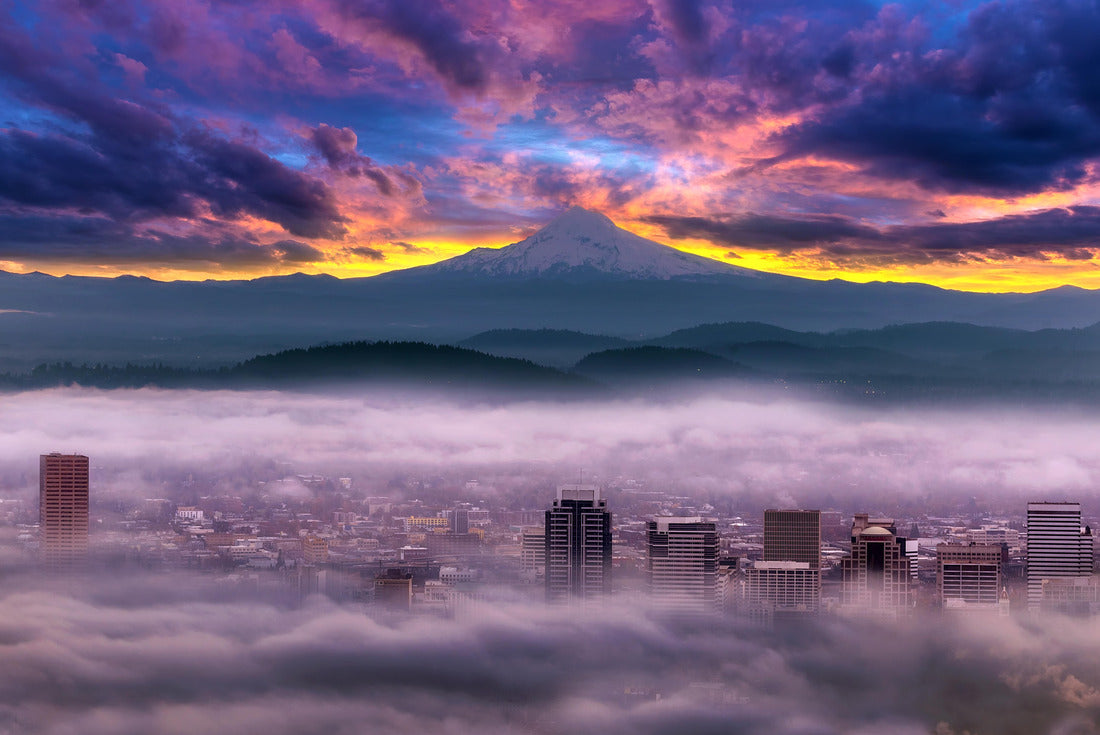 Noah Jigsaw Puzzle Dramatic colorful sunrise over Mount Hood and foggy Portland Oregon city downtown 2000 pieces
