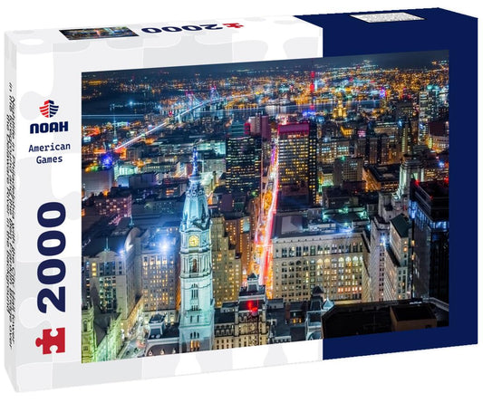 Noah Jigsaw Puzzle Nightlife in Philadelphia with the City Hall tower in the foreground and the Ben Franklin Bridge over the Delaware River in the background 2000 pieces