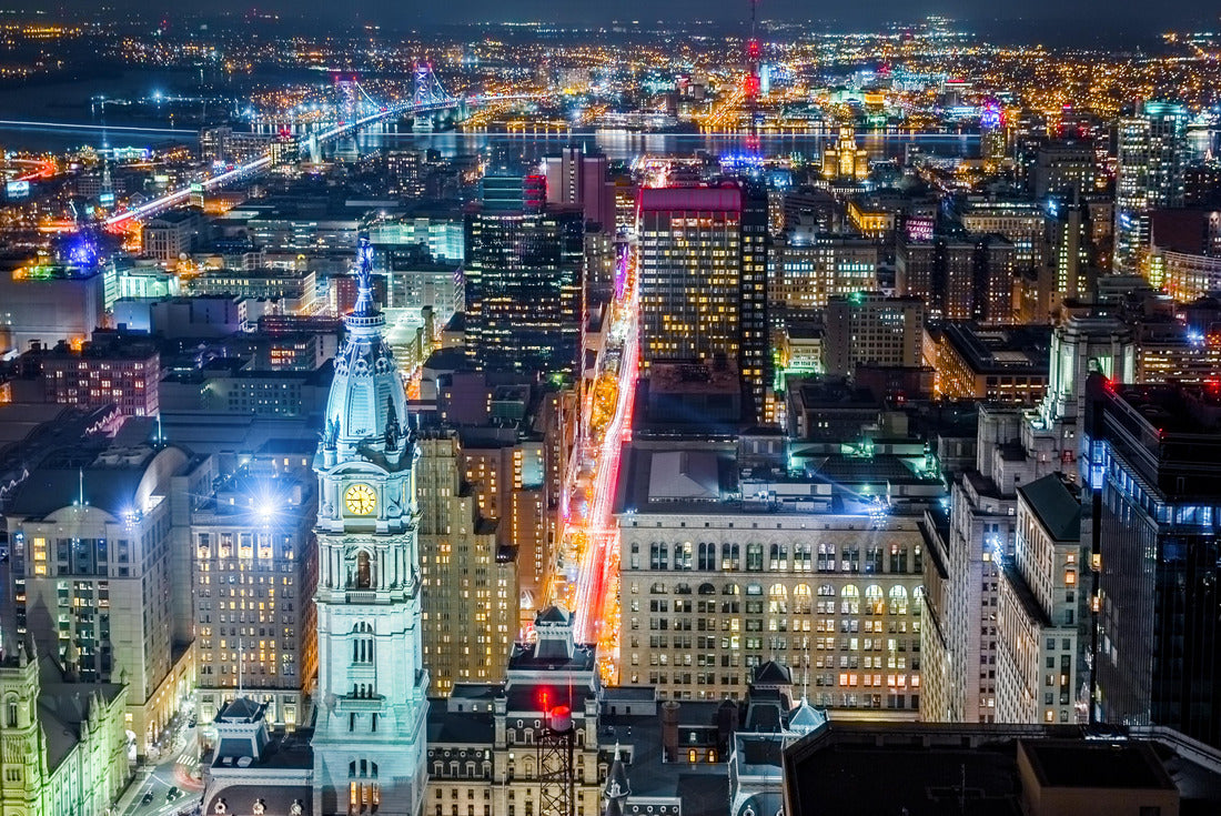 Noah Jigsaw Puzzle Nightlife in Philadelphia with the City Hall tower in the foreground and the Ben Franklin Bridge over the Delaware River in the background 2000 pieces