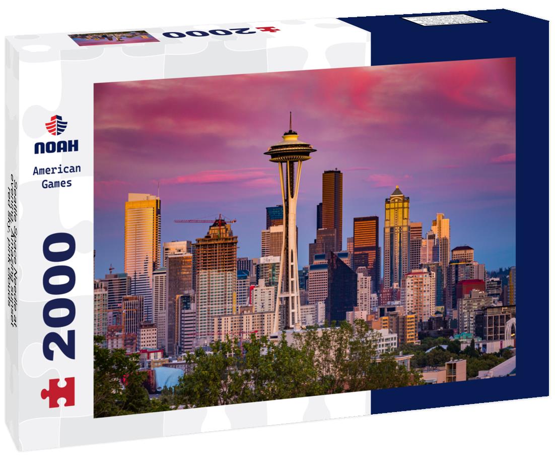 Noah Jigsaw Puzzle Seattle Space Needle at evening. Amazing sunset, red sky, pink clouds 2000 pieces