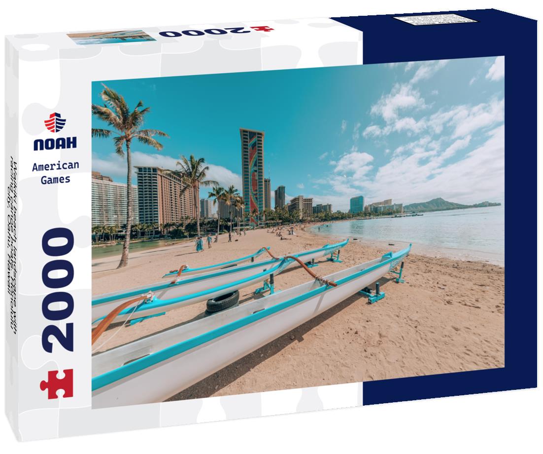 Noah Jigsaw Puzzle Waikiki beach landscape with racing canoe boats. Honolulu city, Oahu, Hawaii 2000 pieces