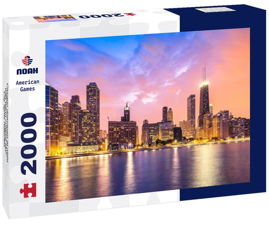 Noah Jigsaw Puzzle Chicago downtown at night with warm colored sky. City lights reflected in Lake Michigan 2000 pieces