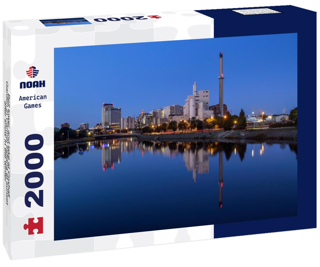 Noah Jigsaw Puzzle Bell tower and lake at Coxhall Garden in Carmel Indiana at sunset after snow in the winter 2000 pieces