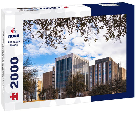 Noah Jigsaw Puzzle Midland Texas city skyline and downtown skyscrapers with dramatic cloudy blue sky and tree branches 2000 pieces