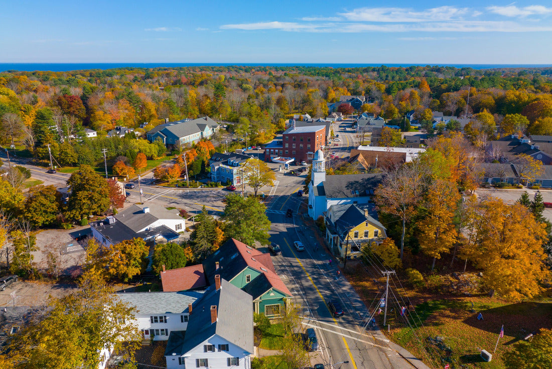 Noah Jigsaw Puzzle York village historic center aerial view in fall including Old Methodist Church in town of York, Maine ME 2000 pieces