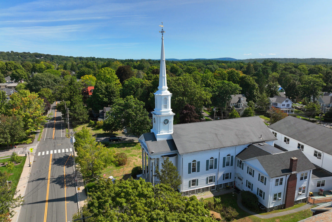 Noah Jigsaw Puzzle First Baptist Church aerial view at 858 Great Plain Avenue in historic town center of Needham, Massachusetts MA 2000 pieces