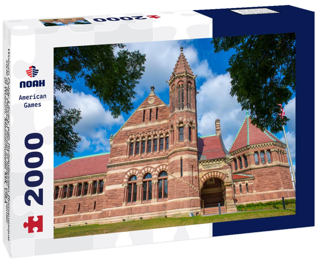 Noah Jigsaw Puzzle Woburn Public Library with Richardsonian Romanesque style at 45 Pleasant Street in historic city center of Woburn, Massachusetts MA, USA 2000 pieces