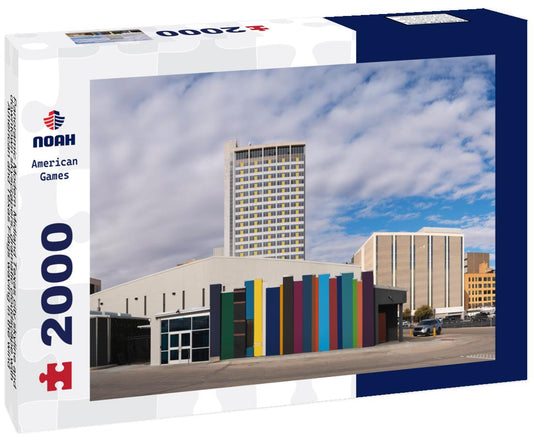 Noah Jigsaw Puzzle Panoramic Modern Midland Texas city skyline and downtown skyscrapers, dramatic cloudscape with American and Texas Flags waving in the wind 2000 pieces