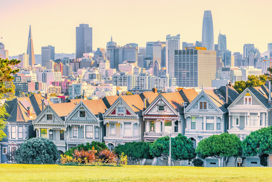Noah Jigsaw Puzzle Painted Ladies Victorian houses in Alamo Square and a view of the San Francisco skyline and skyscrapers. Photo processed, in pastel colors 2000 pieces