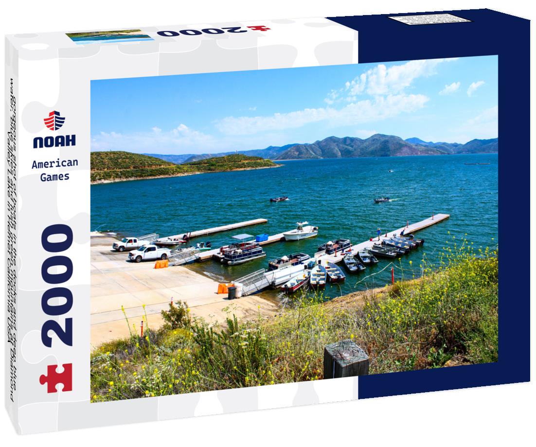Noah Jigsaw Puzzle gorgeous shot of boats in the docks and deep blue water, blue skies and lush green mountains at Diamond Valley Lake in Hemet California USA 2000 pieces
