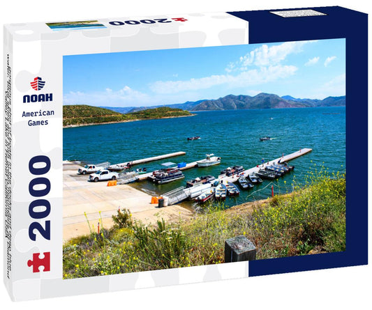 Noah Jigsaw Puzzle gorgeous shot of boats in the docks and deep blue water, blue skies and lush green mountains at Diamond Valley Lake in Hemet California USA 2000 pieces