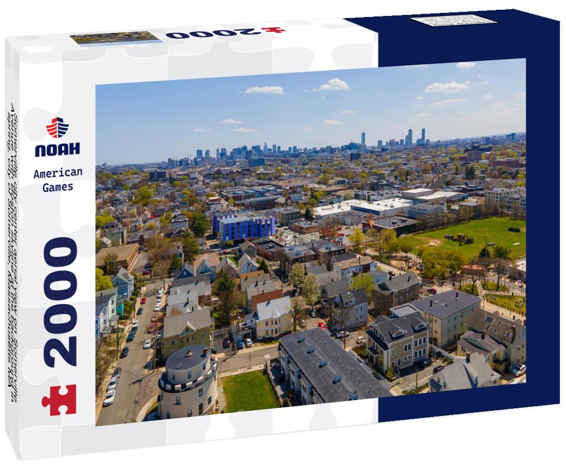 Noah Jigsaw Puzzle Somerville city center aerial view on Somerville Avenue with Boston skyline at the background in spring, city of Somerville, Massachusetts MA 2000 pieces