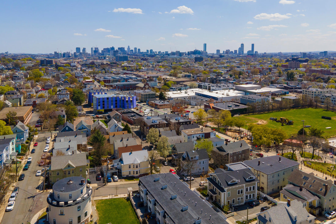 Noah Jigsaw Puzzle Somerville city center aerial view on Somerville Avenue with Boston skyline at the background in spring, city of Somerville, Massachusetts MA 2000 pieces