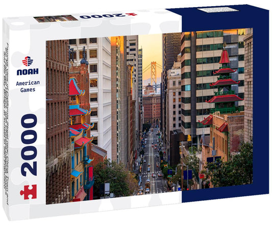 Noah Jigsaw Puzzle Famous view of California Street near China Town and the Financial District, with Chinese pagoda towers and the Bay Bridge at sunset in San Francisco 2000 pieces