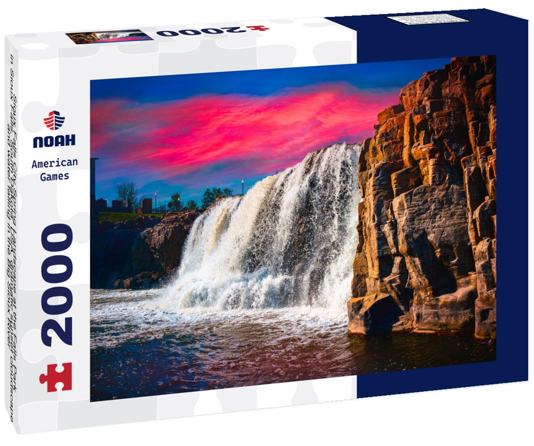 Noah Jigsaw Puzzle Sioux Falls City Spring Landscape at the Falls Park in Sioux Falls, South Dakota, USA, dramatic sunset cloudscape and water falling in the Big Sioux River 2000 pieces