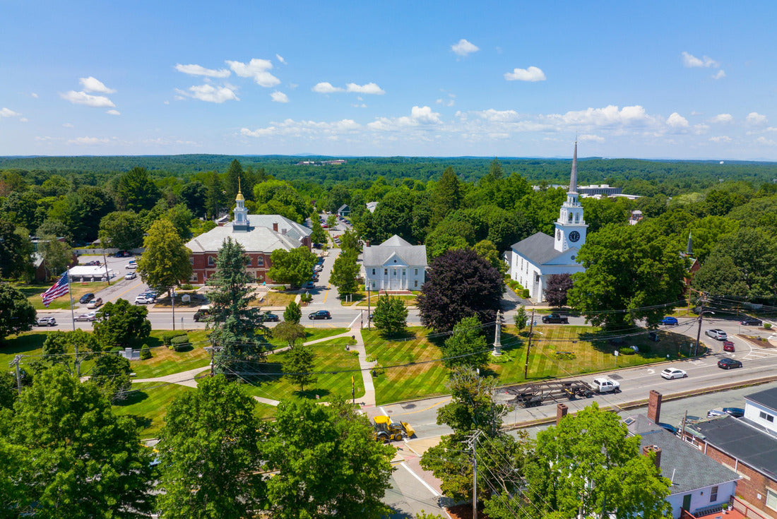 Noah Jigsaw Puzzle Billerica Public Library and First Parish Unitarian Universalist Church aerial view at Billerica Common in historic town center of Billerica, Massachusetts MA, USA 2000 pieces