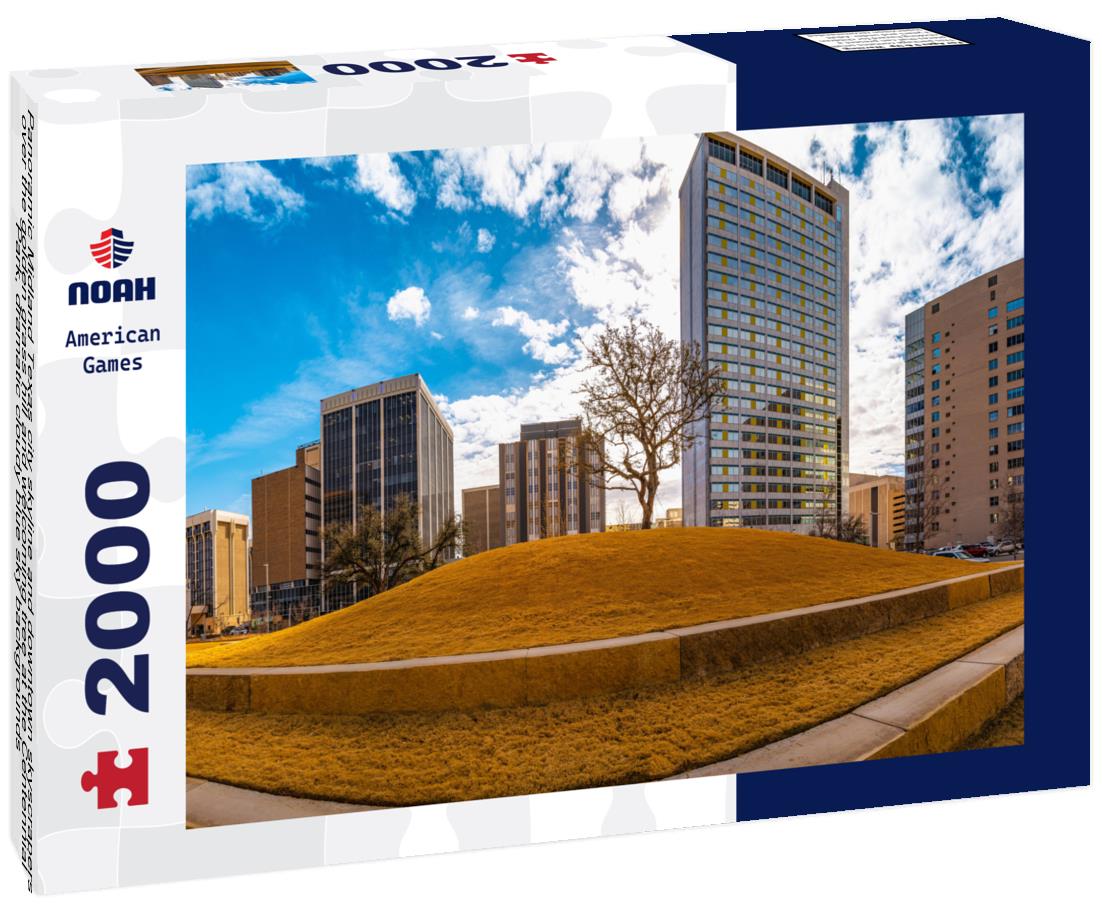 Noah Jigsaw Puzzle Panoramic Midland Texas city skyline and downtown skyscrapers over the golden grass hill and welcoming tree at the Centennial Park, dramatic cloudy blue sky backgrounds 2000 pieces