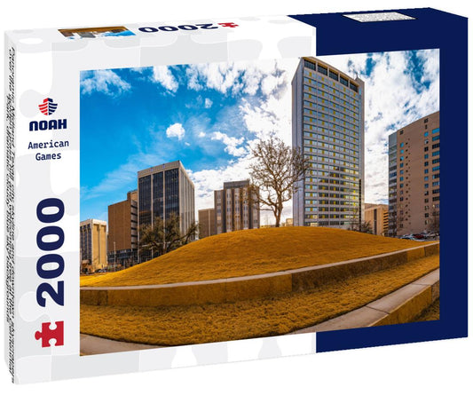 Noah Jigsaw Puzzle Panoramic Midland Texas city skyline and downtown skyscrapers over the golden grass hill and welcoming tree at the Centennial Park, dramatic cloudy blue sky backgrounds 2000 pieces