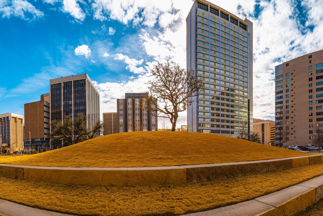 Noah Jigsaw Puzzle Panoramic Midland Texas city skyline and downtown skyscrapers over the golden grass hill and welcoming tree at the Centennial Park, dramatic cloudy blue sky backgrounds 2000 pieces
