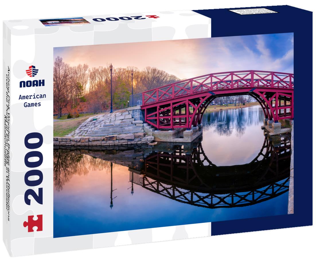 Noah Jigsaw Puzzle Arching Pink Wooden Bridge and Reflections over the Pond at Elm Park in Worcester, Massachusetts 2000 pieces