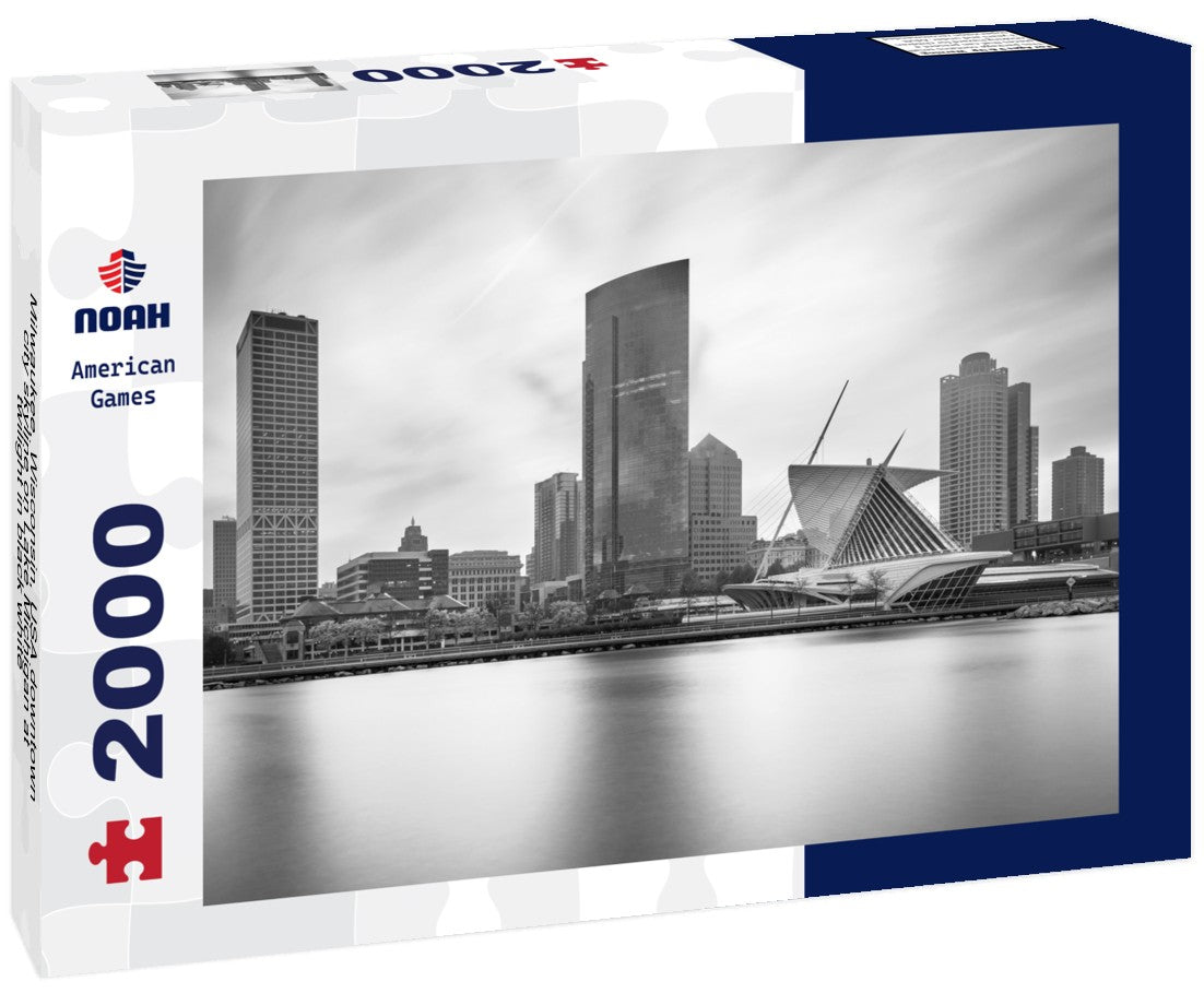 Noah Jigsaw Puzzle Milwaukee, Wisconsin, USA downtown city skyline on Lake Michigan at twilight in black white 2000 pieces
