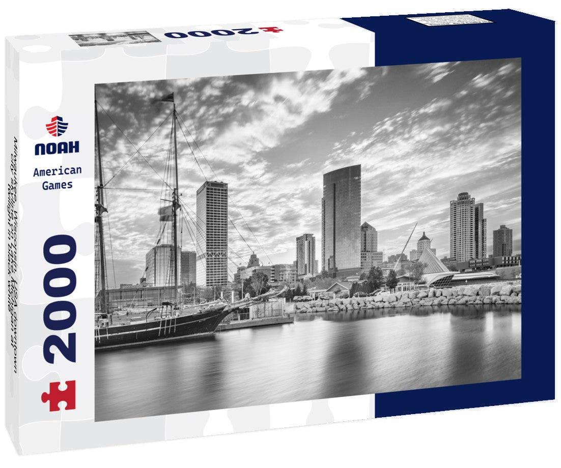 Noah Jigsaw Puzzle Milwaukee, Wisconsin, USA downtown city skyline on Lake Michigan at twilight in black white 2000 pieces