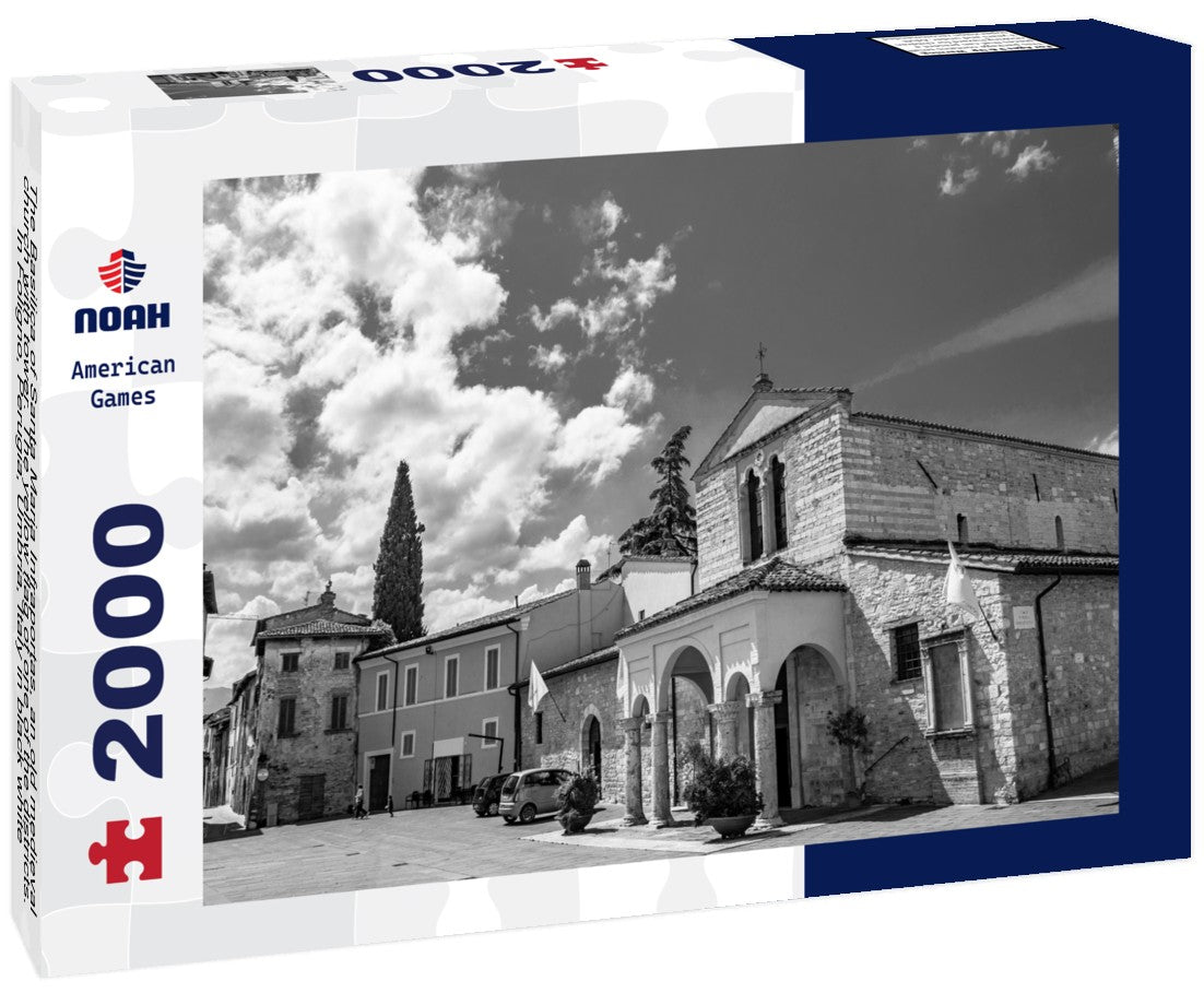 Noah Jigsaw Puzzle The Basilica of Santa Maria Infraportas, an old medieval church with tower. The yellow flag of one of the districts. In Foligno, Perugia, Umbria, Italy in black white 2000 pieces