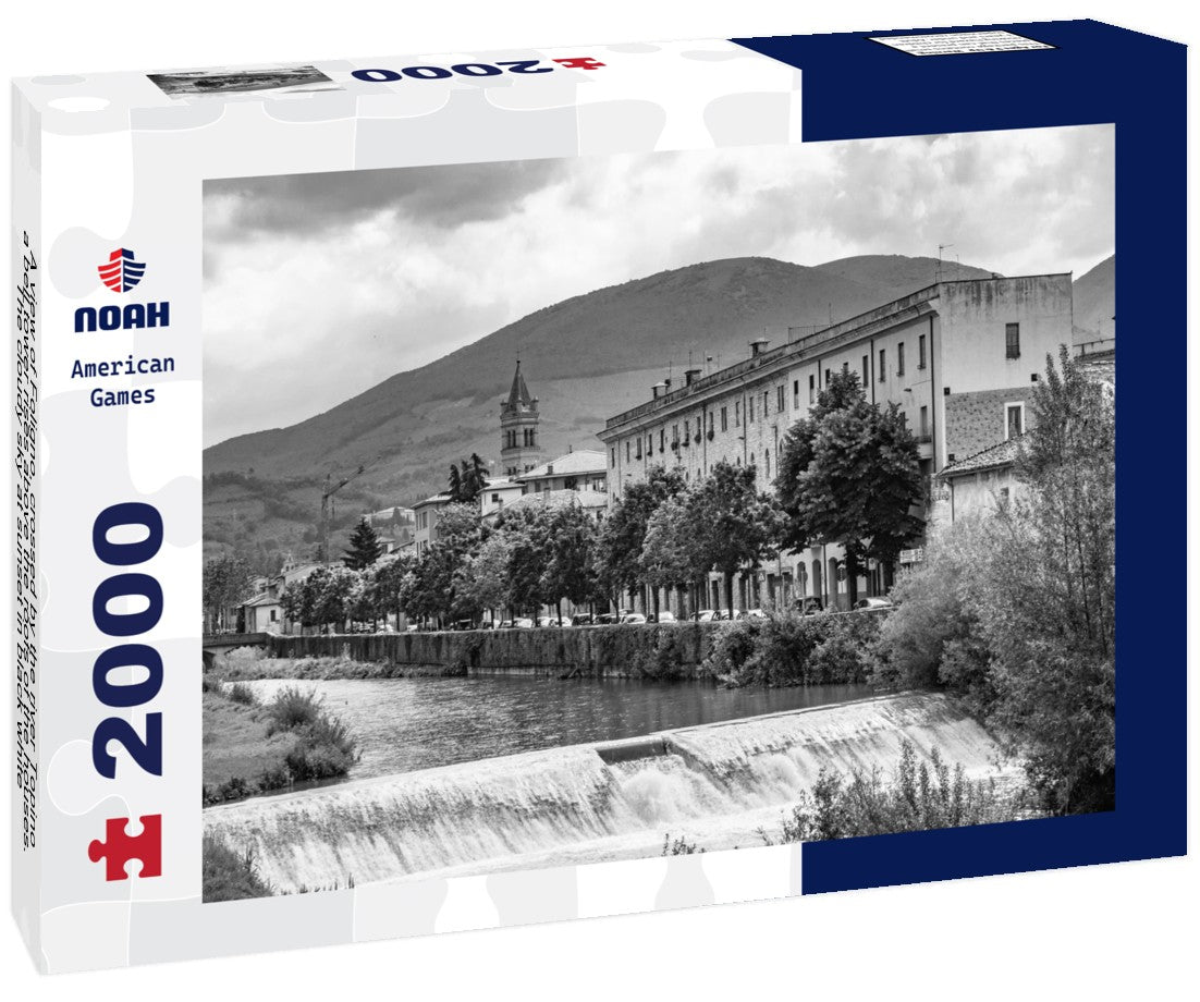 Noah Jigsaw Puzzle A view of Foligno, crossed by the river Topino, a bell tower rises above the roofs of the houses. The cloudy sky at sunset in black white 2000 pieces